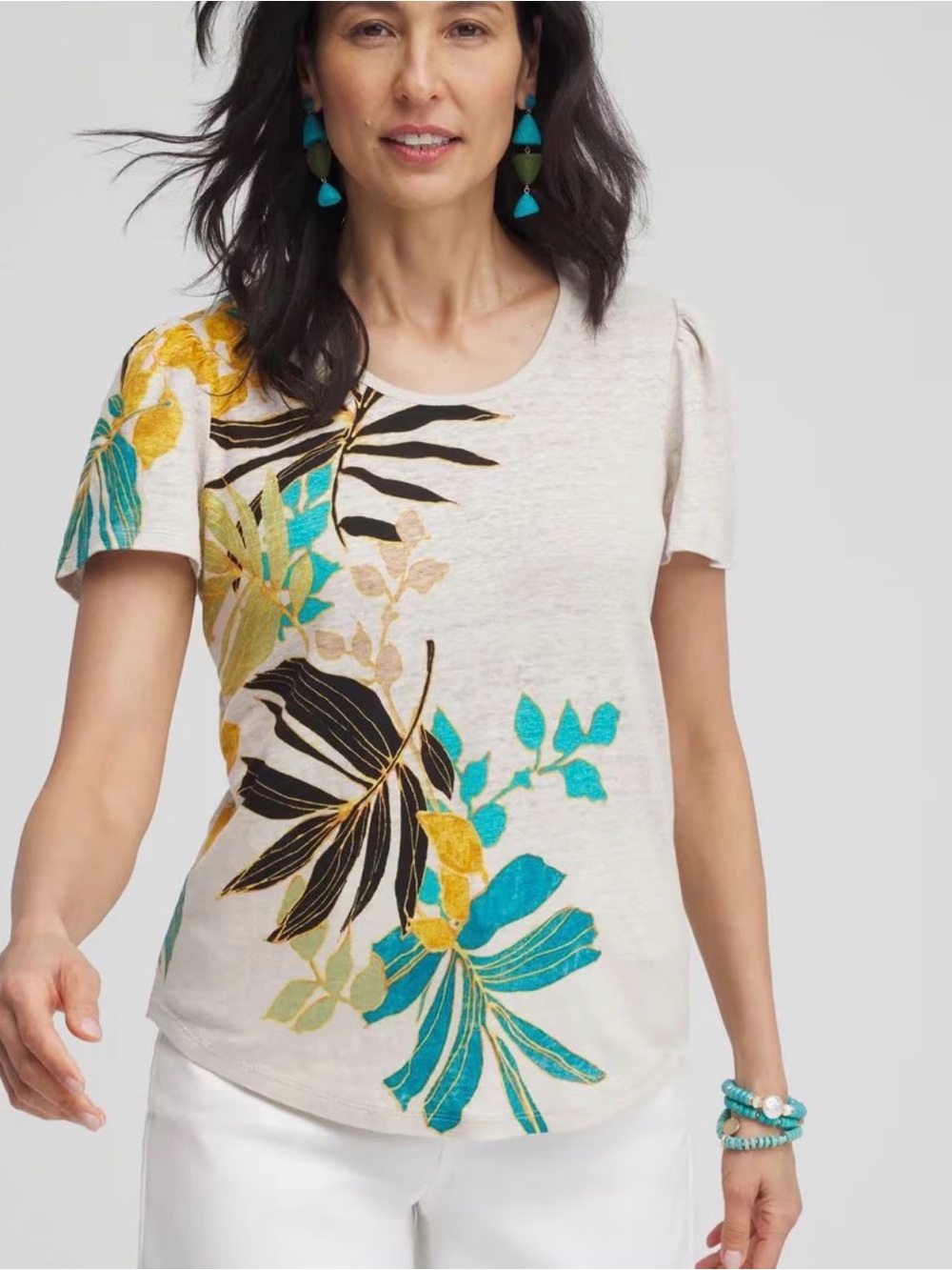 Chico's 100% Linen Tropical Floral Scoop Neck Flutter Sleeve Tee, Size Large